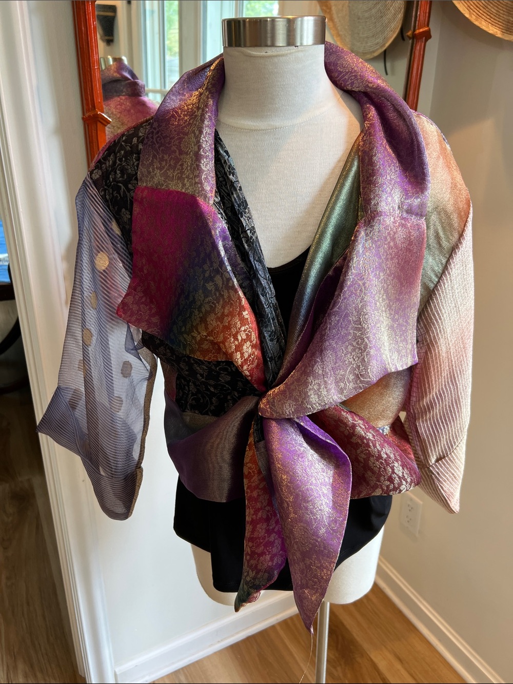Soft Multicolor Shades of color Wearable Art Silk-Blend  Collar Jacket O/S